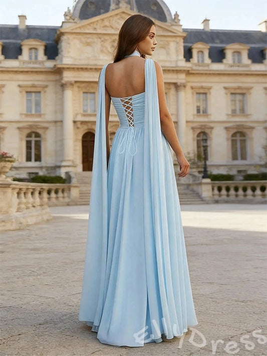 Ice Blue One Shoulder Choker Neck Chiffon A-Line Prom Dress with Diagonal Ruched Bodice Cinched Waist Cape Sleeve and Lace-Up Back