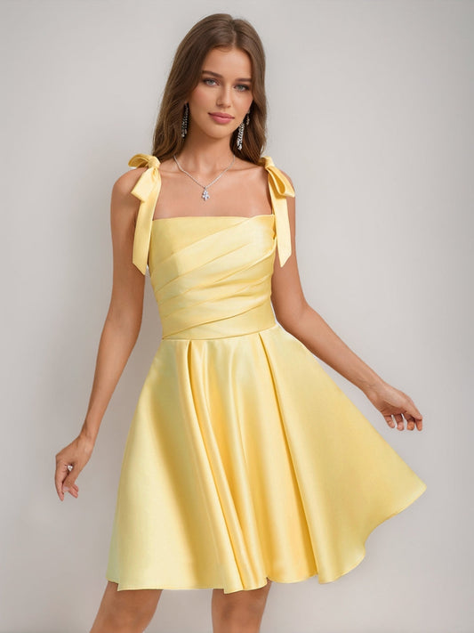 Yellow Satin One Shoulder Bow Strap Lace-Up Back Homecoming Mini Dress