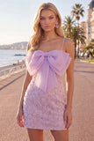 Sparkly Pink Pearls Spaghetti Straps Homecoming Dress with Bow