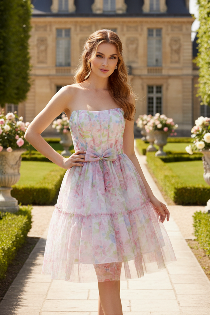Pastel Floral Strapless Tiered Tulle Mini Dress Homecoming Party Gown