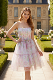 Pastel Floral Strapless Tiered Tulle Mini Dress Homecoming Party Gown