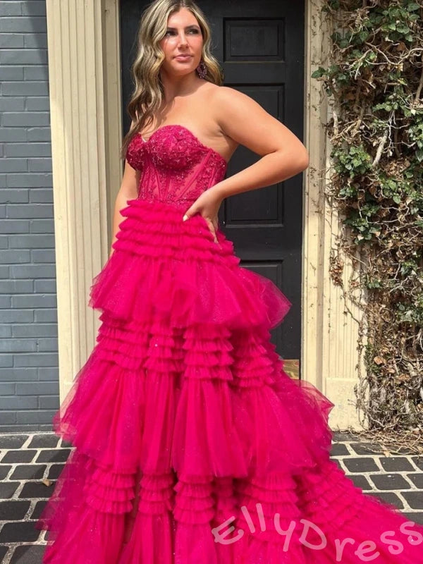 Red Strapless Sweetheart Sheer Lace Corset Bodice Tiered Tulle Prom Dress with Seven-Layer Ruffles and Lace-Up Back