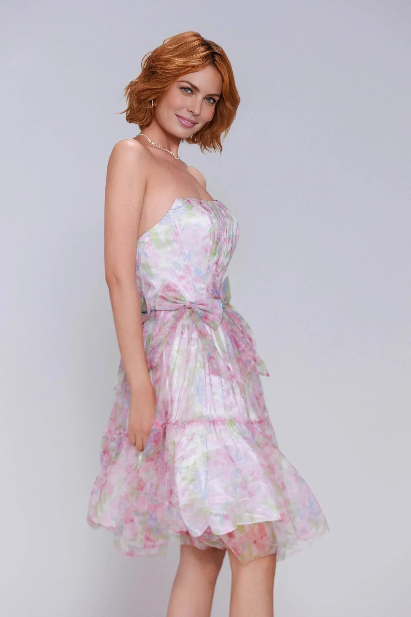 Pastel Floral Strapless Tiered Tulle Mini Dress Homecoming Party Gown