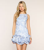 Ivory Sleeveless Jacquard Mini Dress Ruffle Hem Backless Guest Cocktail Dress