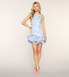 Ivory Sleeveless Jacquard Mini Dress Ruffle Hem Backless Guest Cocktail Dress