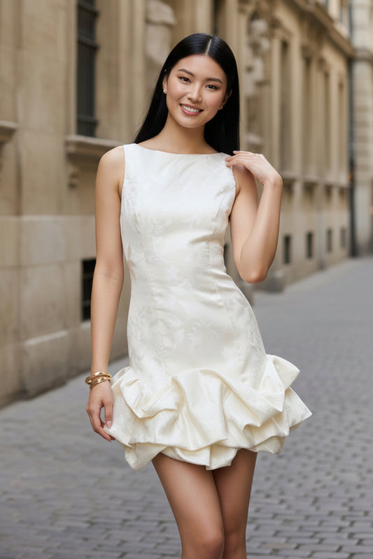 Ivory Sleeveless Jacquard Mini Dress Ruffle Hem Backless Guest Cocktail Dress
