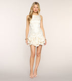 Ivory Sleeveless Jacquard Mini Dress Ruffle Hem Backless Guest Cocktail Dress