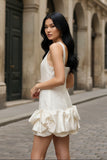 Ivory Sleeveless Jacquard Mini Dress Ruffle Hem Backless Guest Cocktail Dress