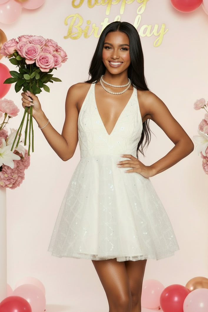 Deep V Halter Sequin Tulle Mini Dress Backless A Line Flare Homecoming Party Dress