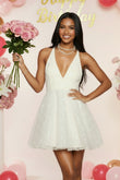 Deep V Halter Sequin Tulle Mini Dress Backless A Line Flare Homecoming Party Dress