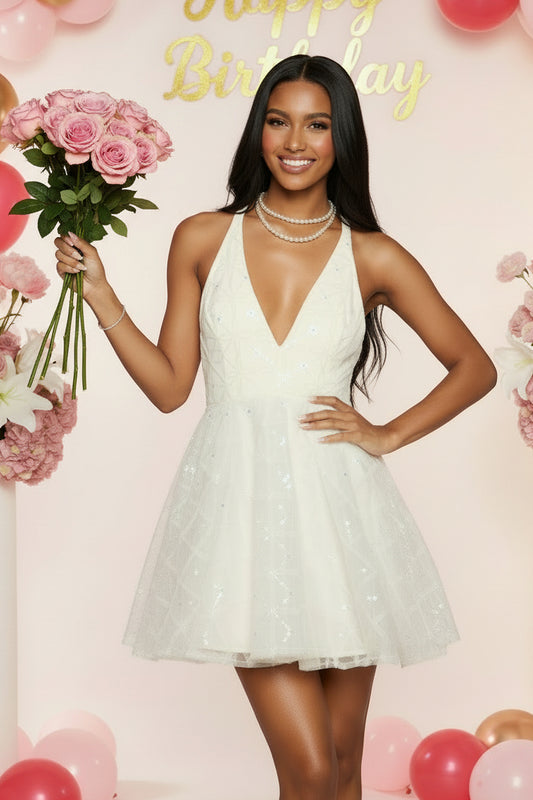 Deep V Halter Sequin Tulle Mini Dress Backless A Line Flare Homecoming Party Dress