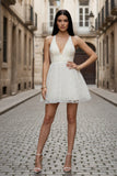 Deep V Halter Sequin Tulle Mini Dress Backless A Line Flare Homecoming Party Dress