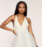 Deep V Halter Sequin Tulle Mini Dress Backless A Line Flare Homecoming Party Dress