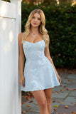 Light Blue 3D Floral Spaghetti Strap Mini Dress Lace Up Back Ruched Homecoming Dress