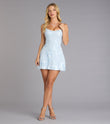 Light Blue 3D Floral Spaghetti Strap Mini Dress Lace Up Back Ruched Homecoming Dress