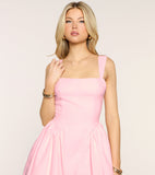 Pink Square Neck Spaghetti Strap Mini Dress Lace Up Back A-Line Flare Homecoming Dress