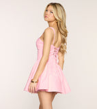 Pink Square Neck Spaghetti Strap Mini Dress Lace Up Back A-Line Flare Homecoming Dress