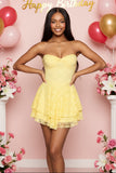 Pastel Yellow Backless Lace Cocktail Dress Strapless Tiered Flounce Homecoming Mini Dress