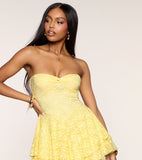 Pastel Yellow Backless Lace Cocktail Dress Strapless Tiered Flounce Homecoming Mini Dress