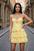 Yellow Spaghetti Strap Lace Mini Dress Sweetheart Cutout Tiered Ruffle Summer Vacation Dress