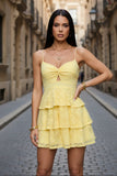 Yellow Spaghetti Strap Lace Mini Dress Sweetheart Cutout Tiered Ruffle Summer Vacation Dress