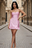 Baby Pink Strapless Satin Mini Dress Ruched Bust Open Back Ruffle Hem Night Club Dress