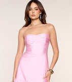 Baby Pink Strapless Satin Mini Dress Ruched Bust Open Back Ruffle Hem Night Club Dress