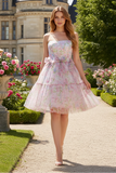 Pastel Floral Strapless Tiered Tulle Mini Dress Homecoming Party Gown