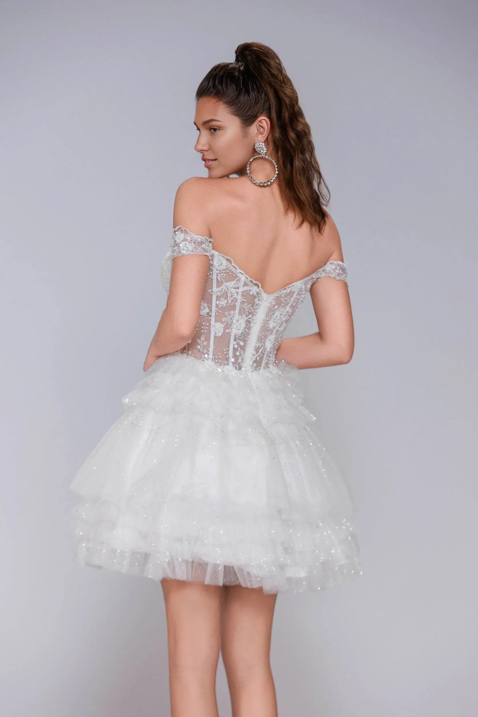 White Lace Corset Off Shoulder Tiered Tulle Homecoming Mini Dress