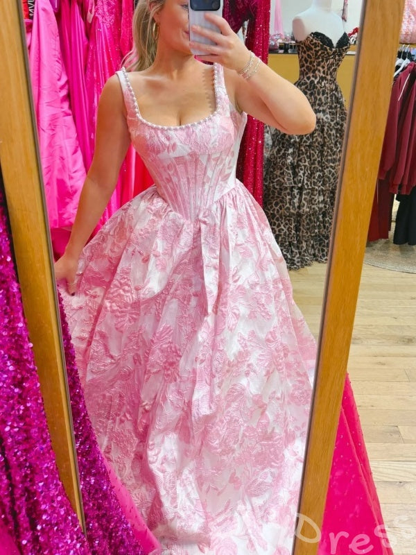Pink Rose Floral Print Strapless Satin A-Line Prom Dress with 3D Rose Flower