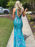 Fuchsia Magenta Wide Strap Deep V-Neck Full Sequin Embroidered Mermaid Prom Dress with Tropical Leaf Pattern Iridescent Multi-Color Shimmer Open Back and Sweep Train