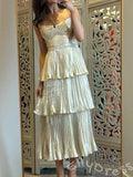 Champagne Gold Pearl Chain Strap Square Neck Metallic Pleated Three-Tier Cake Prom Dress with Corset Ruched Bodice and Midi Length