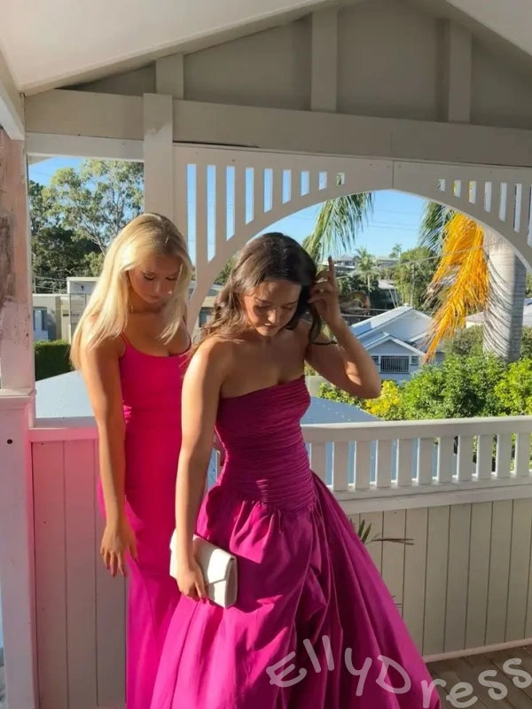 Fuchsia Strapless Straight Neck Satin Vertical Ruched Bodice Oversized A-Line Ball Gown Prom Dress with Drop Waist Front High Slit and Minimalist French Style