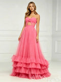 Coral Pink Spaghetti Strap Sweetheart Tulle Three-Tier Ruffle A-Line Prom Dress with 3D Rose Flower Bust Sheer Lace Cutout Waist Open Back and Sweep Train