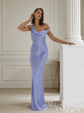 Periwinkle One Shoulder Satin Mermaid Prom Dress with Asymmetric Draped Bodice Ruched Side and Open Cowl Back
