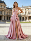 Dusty Rose Spaghetti Strap Deep V-Neck Satin A-Line Prom Dress with High Slit Open Back Criss Cross Straps and Sweep Train