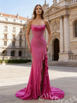 Hot Pink Strapless Corset Glitter Mermaid Prom Dress with Pleated Bust Side Ruffle High Slit Lace-Up Back and Sweep Train