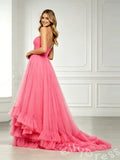 Coral Pink Spaghetti Strap Sweetheart Tulle Three-Tier Ruffle A-Line Prom Dress with 3D Rose Flower Bust Sheer Lace Cutout Waist Open Back and Sweep Train