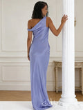 Periwinkle One Shoulder Satin Mermaid Prom Dress with Asymmetric Draped Bodice Ruched Side and Open Cowl Back