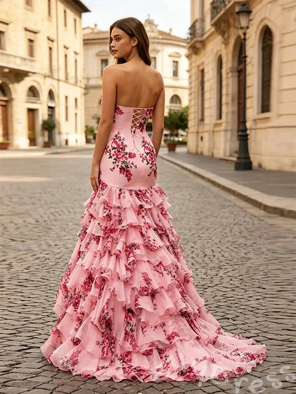 Pink Floral Print Strapless Satin Mermaid Prom Dress To Impress
