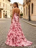 Pink Floral Print Strapless Satin Mermaid Prom Dress To Impress