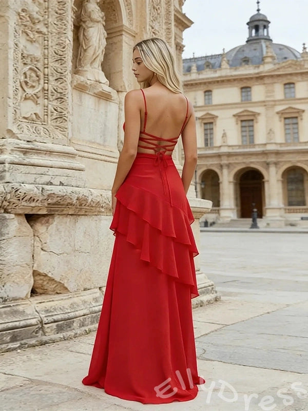 Red Spaghetti Strap Open Back Layered Ruffle Prom Dress