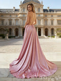Dusty Rose Spaghetti Strap Deep V-Neck Satin A-Line Prom Dress with High Slit Open Back Criss Cross Straps and Sweep Train