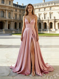 Dusty Rose Spaghetti Strap Deep V-Neck Satin A-Line Prom Dress with High Slit Open Back Criss Cross Straps and Sweep Train