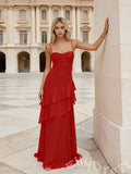 Red Spaghetti Strap Open Back Layered Ruffle Prom Dress