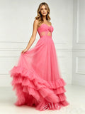 Coral Pink Spaghetti Strap Sweetheart Tulle Three-Tier Ruffle A-Line Prom Dress with 3D Rose Flower Bust Sheer Lace Cutout Waist Open Back and Sweep Train
