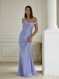 Periwinkle One Shoulder Satin Mermaid Prom Dress with Asymmetric Draped Bodice Ruched Side and Open Cowl Back