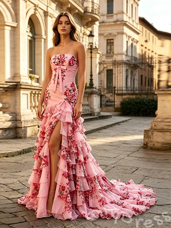 Pink Floral Print Strapless Satin Mermaid Prom Dress To Impress