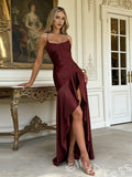 Burgundy Spaghetti Strap V-Neck Satin Sheath Prom Dress with Ruched Waist Asymmetric Ruffle High Slit and Lace-Up Back