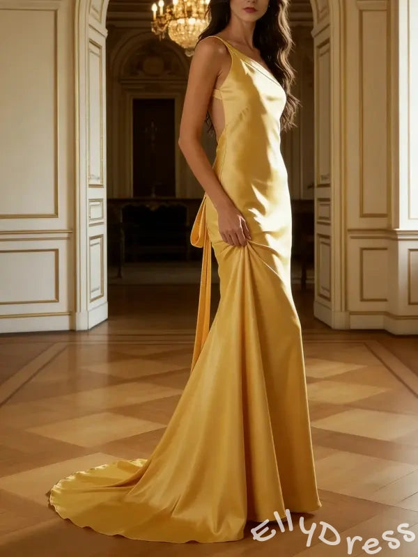 Elegant Yellow One-shoulder Mermaid Long Prom Dress